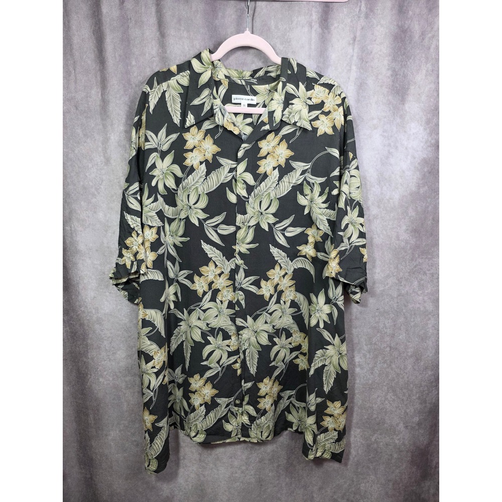 Pierre Cardin Mens 3X Tropical Floral Rayon Button Down Shirt Black Sage Green - Picture 1 of 7